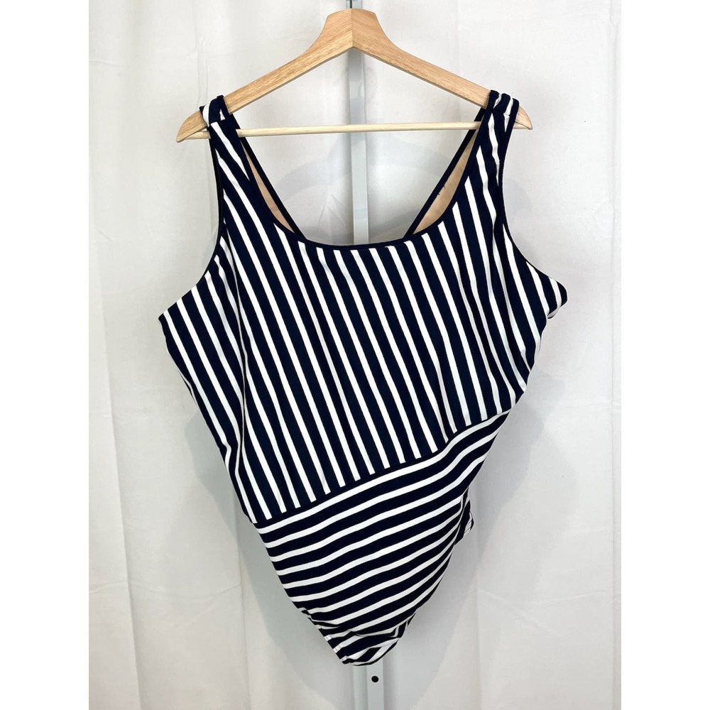 LANDS' END Tugless Tank One Piece Swimsuit Bright Sapphire Stripe Blue 24W Plus
